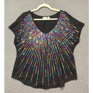 Cato Women's Black Rainbow Sequin Stripe Short Sleeve Top Relaxed Fit RN37080